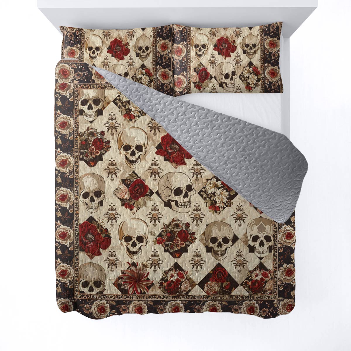 Lorva All Season Quilt 3-Piece Set Elegent Skull Roses
