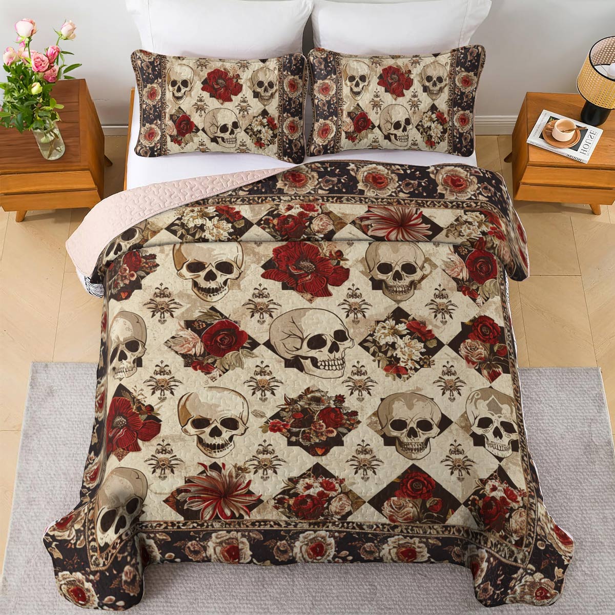 Lorva All Season Quilt 3-Piece Set Elegent Skull Roses