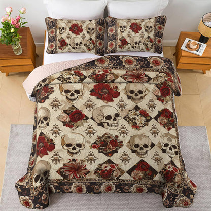 Lorva All Season Quilt 3-Piece Set Elegent Skull Roses