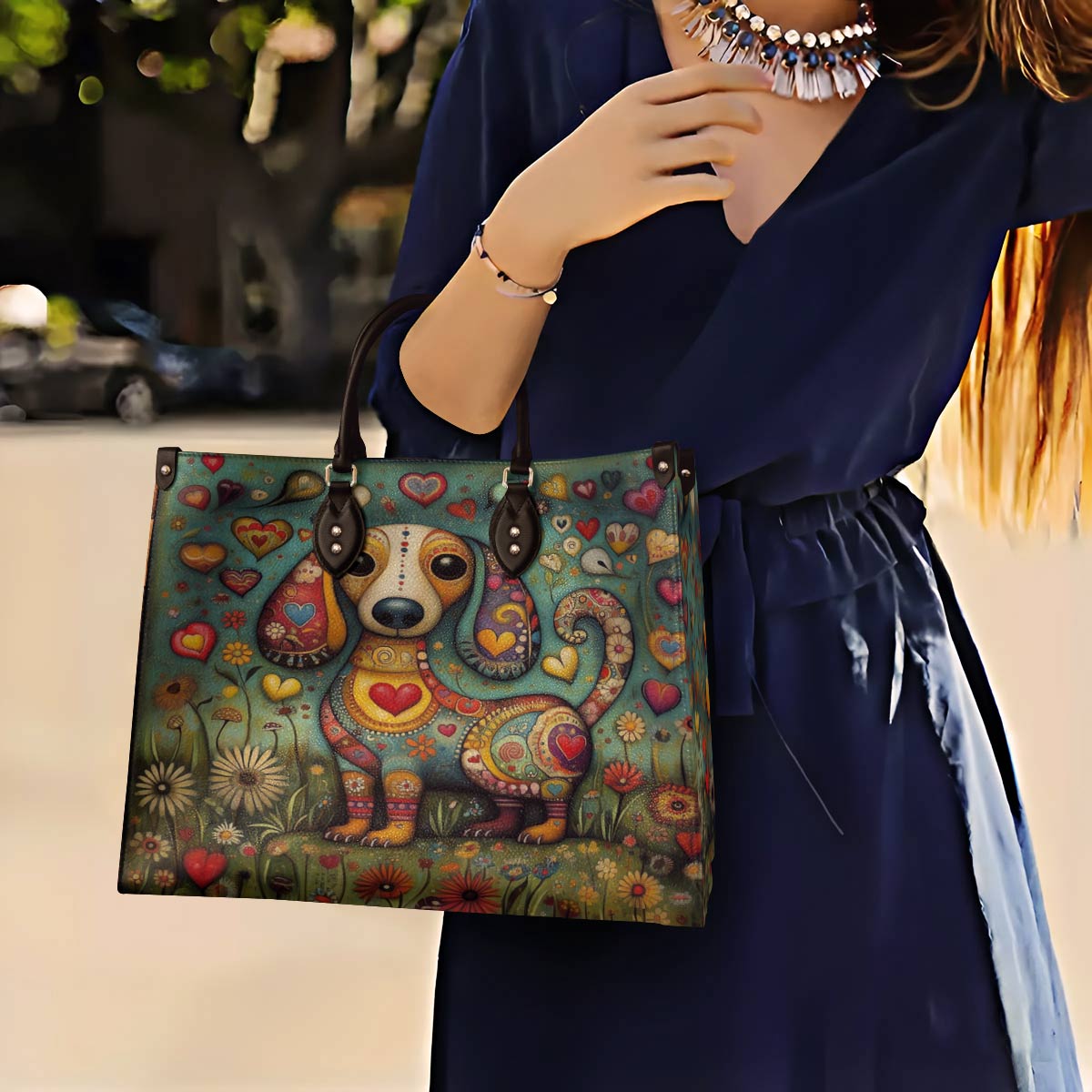 Lorva Whimsical Dachshund Leather Bag Heart & Floral