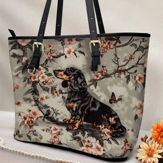 Lorva Dachshund Leather Tote Bag Royal Garden Romp