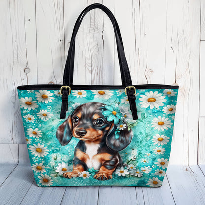 Lorva Dachshund Leather Tote Bag Daisy Doxie Delight