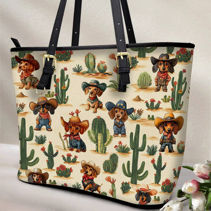 Lorva Dachshund Leather Tote Bag Cowboy Cactus Crew