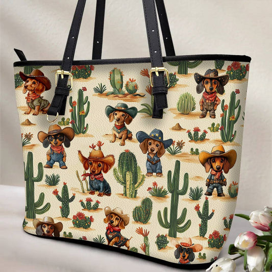 Lorva Dachshund Leather Tote Bag Cowboy Cactus Crew