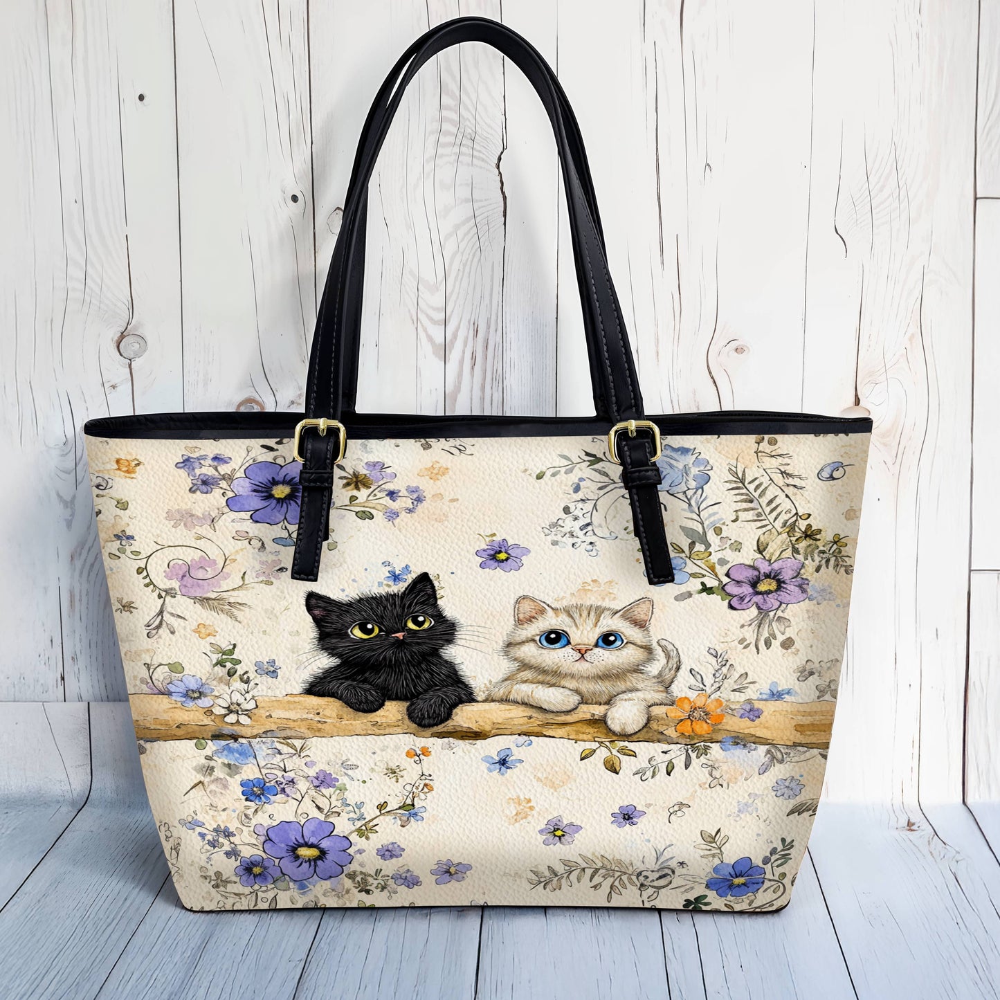 Lorva Leather Tote Bag Cute Blossom Kittens