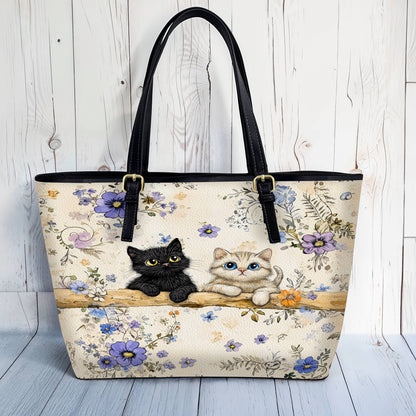 Lorva Leather Tote Bag Cute Blossom Kittens