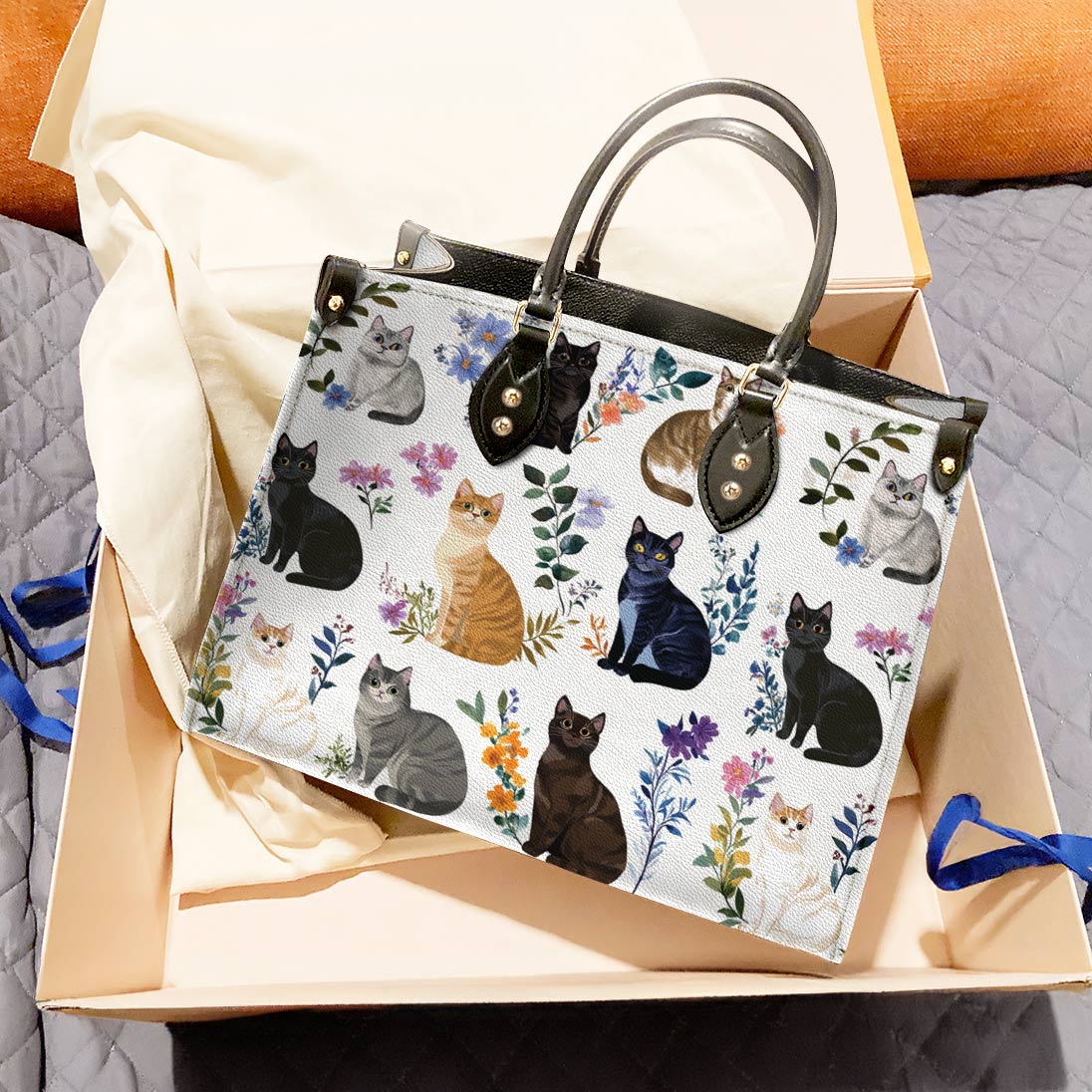 Lorva Cat Leather Bag Botanical Cats