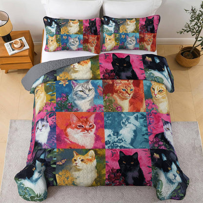 Lorva All Season Quilt 3-Piece Set Colorful Flowers Cats