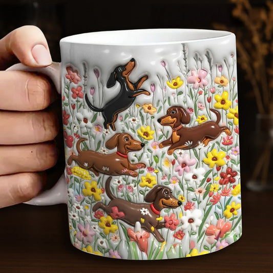 Lorva Mug Puffy Happy Dachshunds In Flower Garden