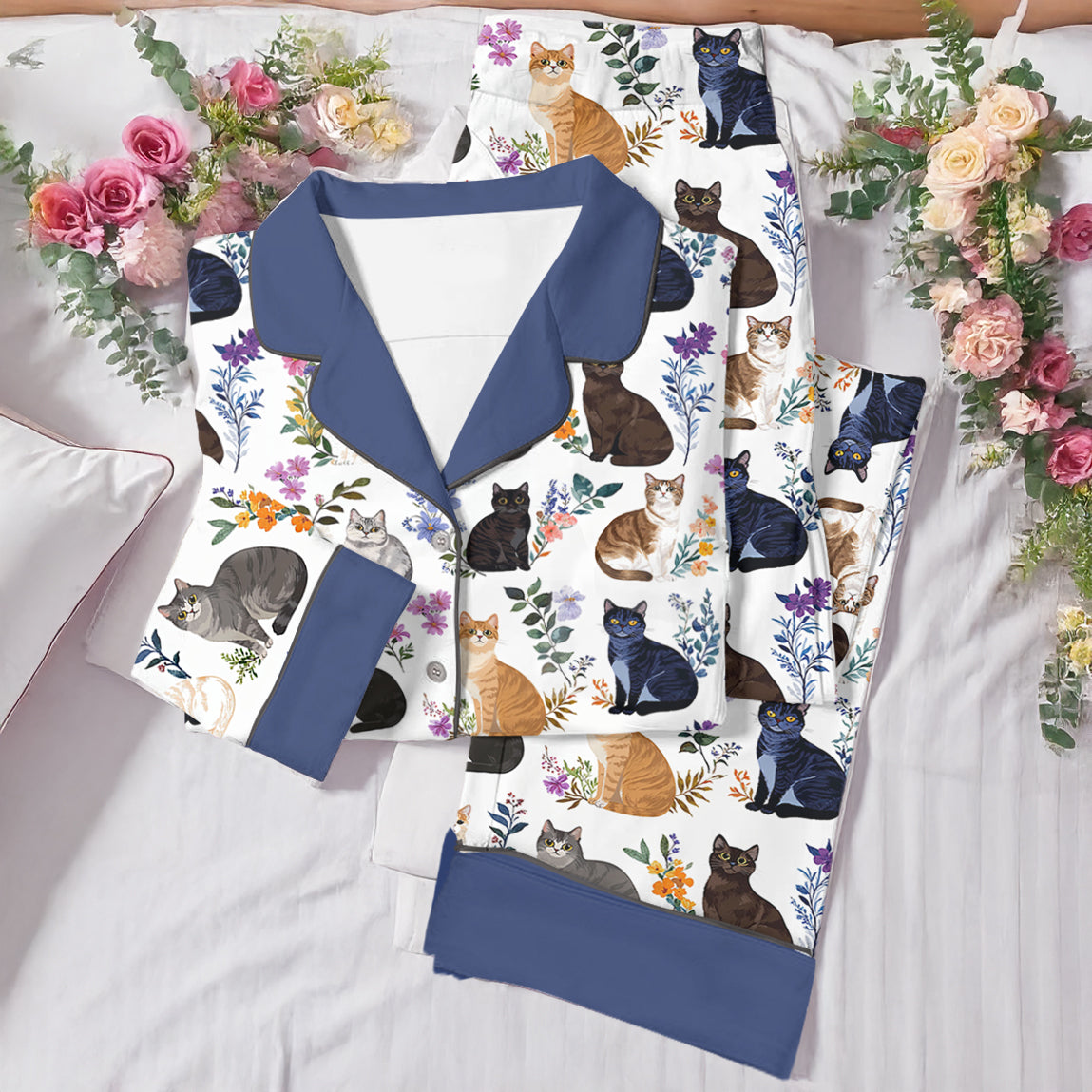 Lorva Cat Classic Pajama Set Charming Floral Cats