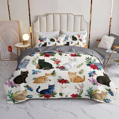 Lorva All Season Quilt 3-Piece Set Feline in Christmas Floral