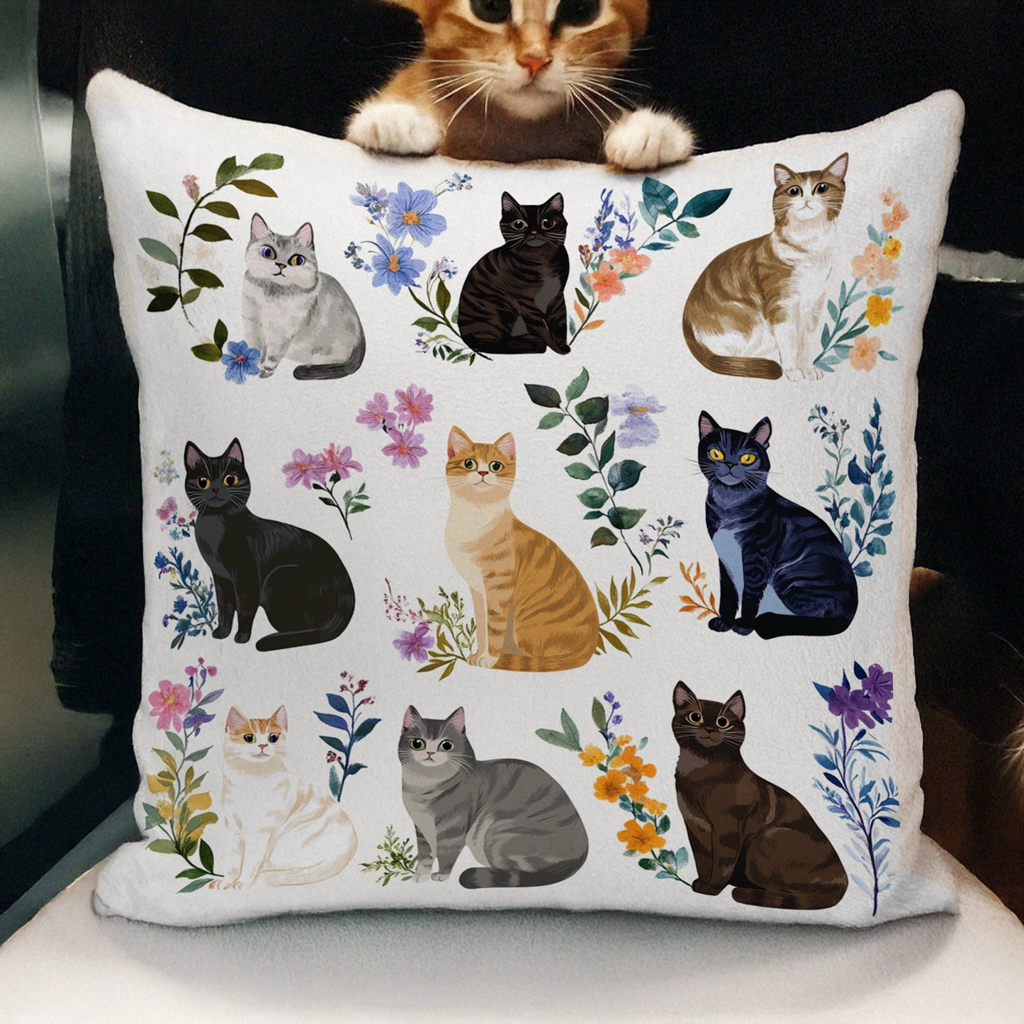 Lorva Cat Plush Pillow Case Charming Floral Cats
