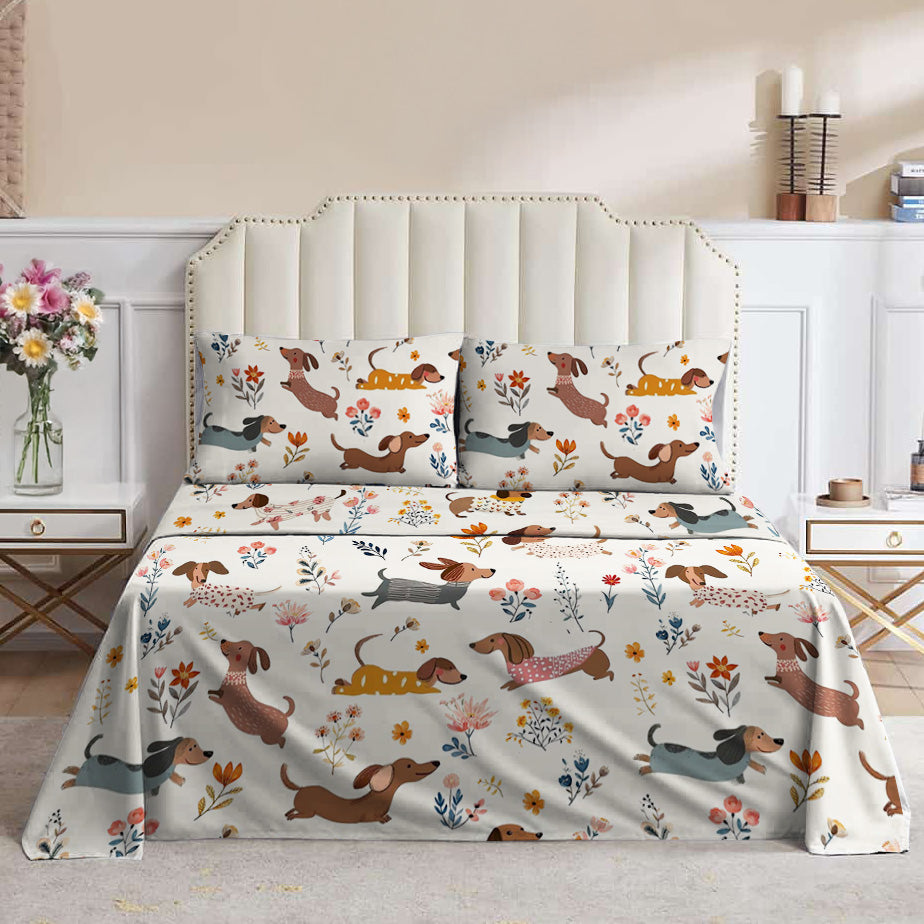 Lorva 4-Piece Bed Sheet Set Cute Floral Dachshunds