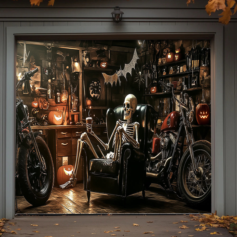 Lorva Halloween Garage Door Banner Decoration Spooky Skeleton Motorcycle Garage