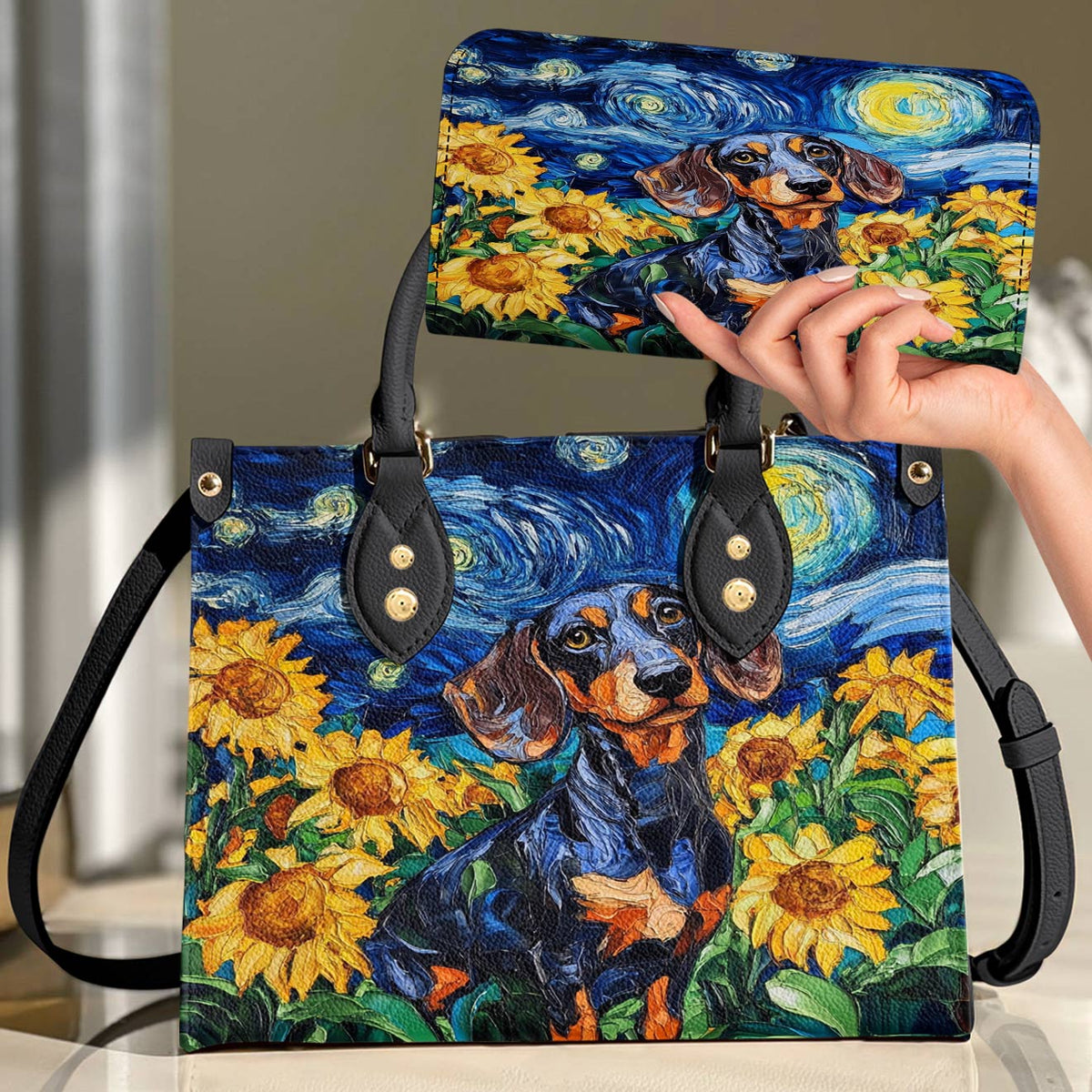 Lorva Leather Bag Sunflowers & Starry Sky Dachshund