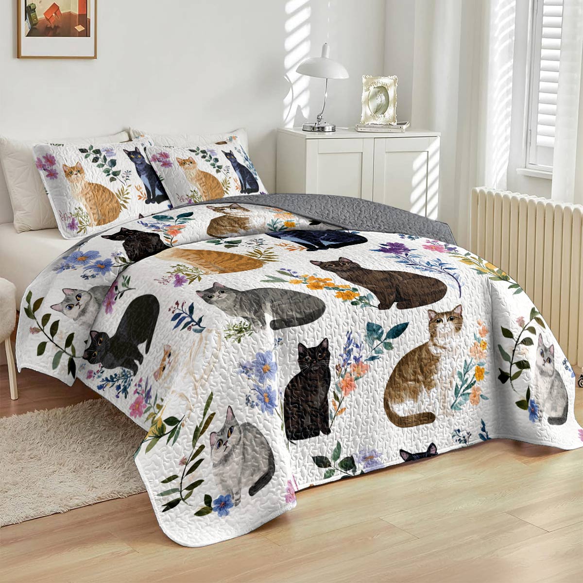 Lorva All Season Quilt 3-Piece Set Charming Floral Cats