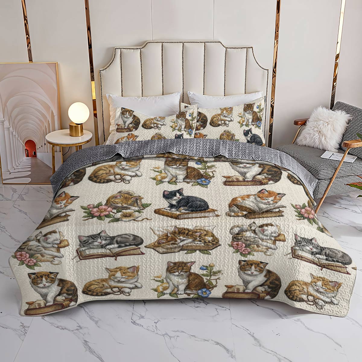 Cat Book Lorva All Season Quilt 3-Piece Set Charming Floral Autumn