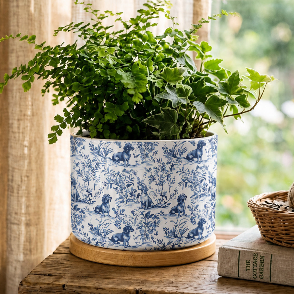 Lorva Dachshund Flat Print Ceramic Plant Pot Blue Floral