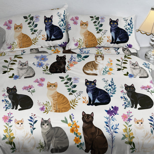 Lorva 4-Piece Bed Sheet Set Charming Floral Cats