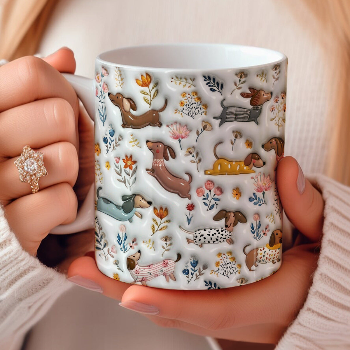 Lorva Dachshund Flat Print Mug Happy Field Flowers