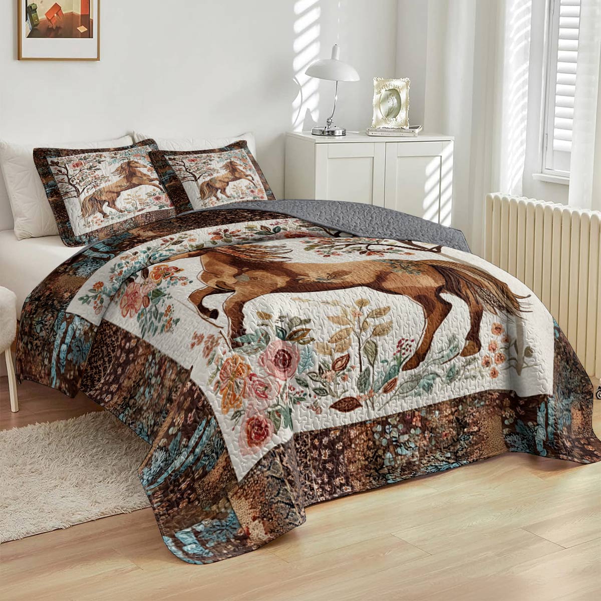 Lorva All Season Quilt 3-Piece Set Rustic Flowers Horses