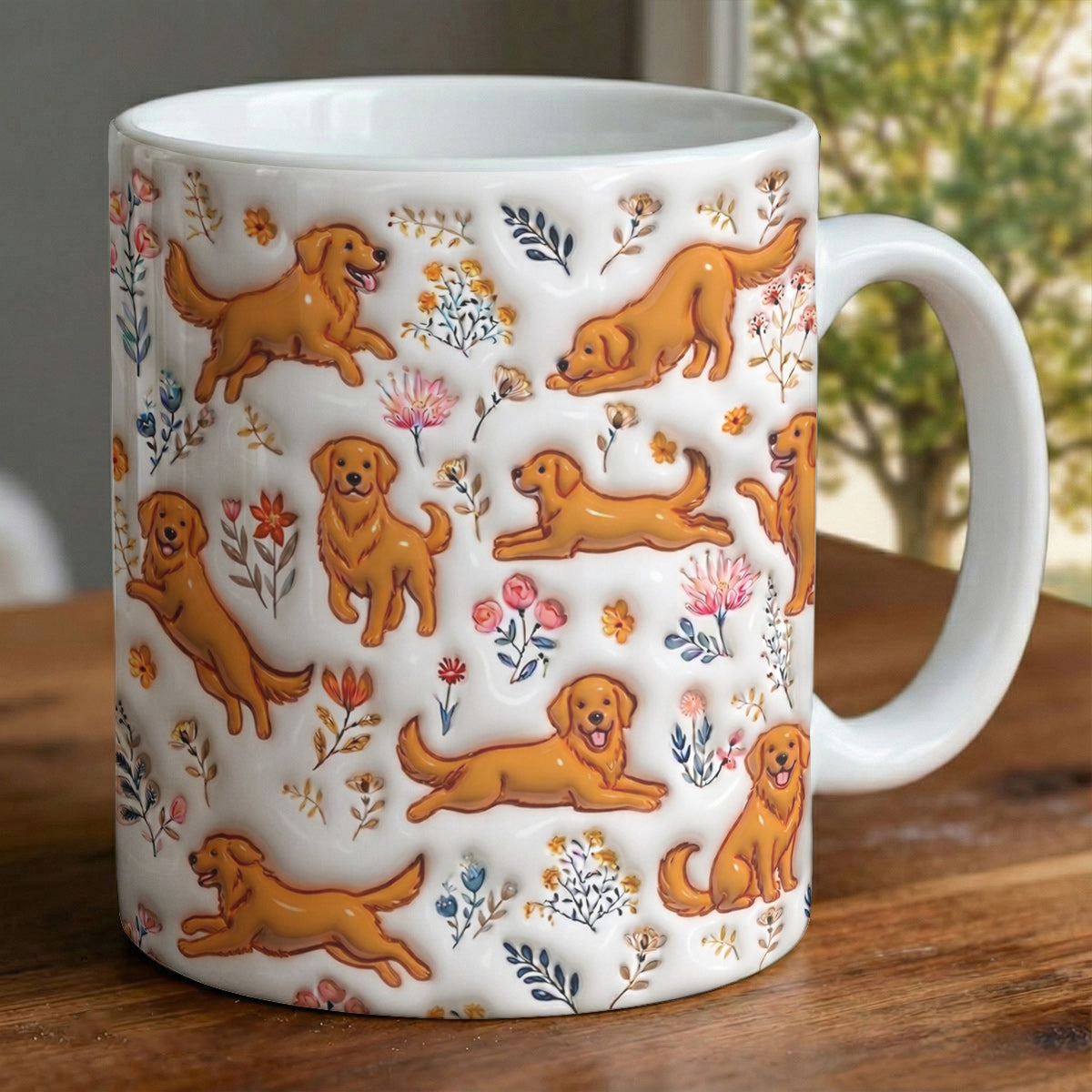 Lorva Red Golden Retriever Flat Print Mug Happy Field Flowers