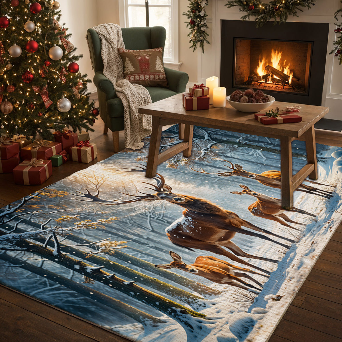 Lorva Christmas Area Rug Majestic Reindeer Family In Winter Wonderland