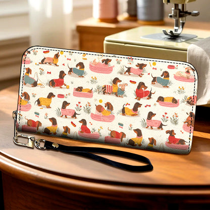 Lorva Dachshund Leather Wallet Playful Garden