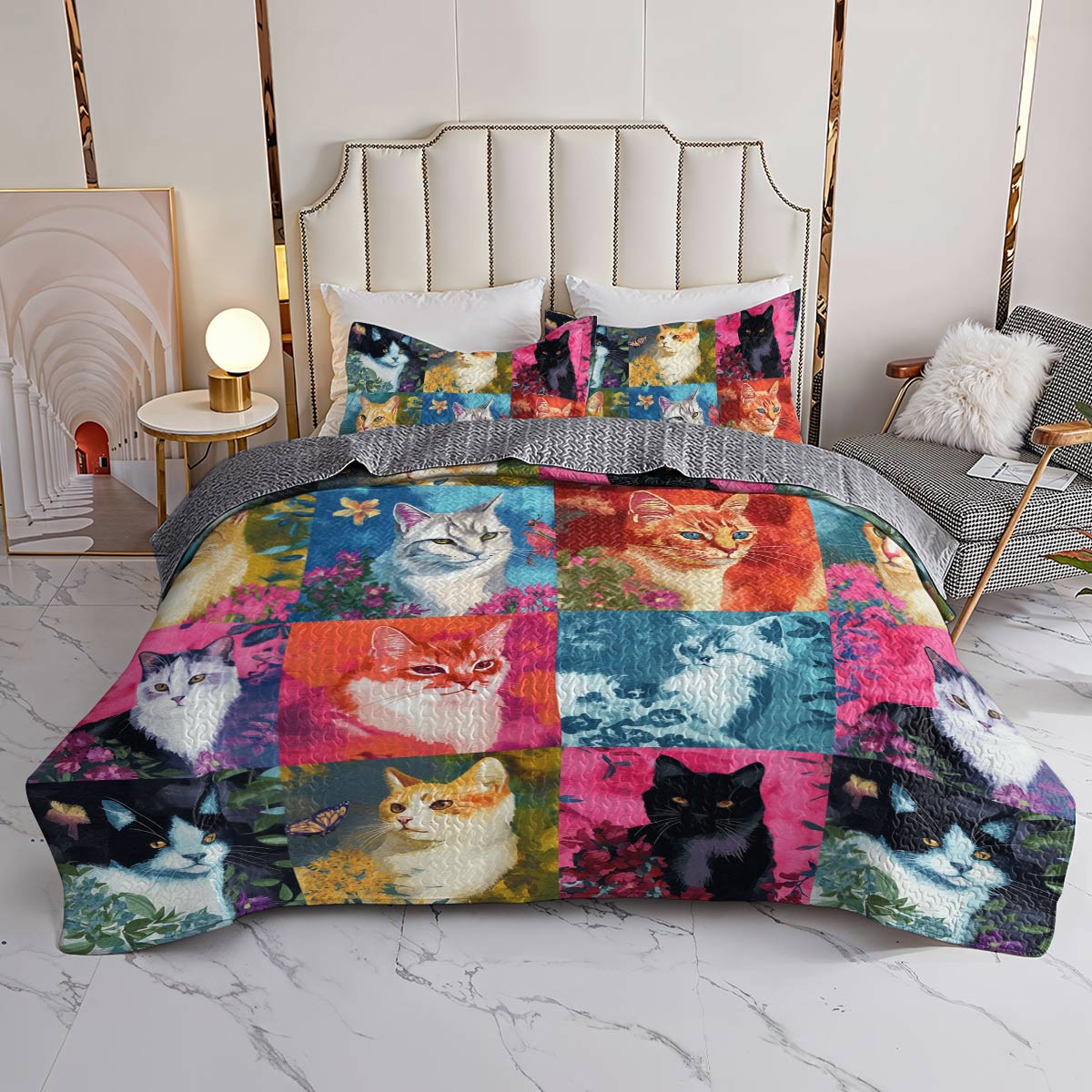 Lorva All Season Quilt 3-Piece Set Colorful Flowers Cats