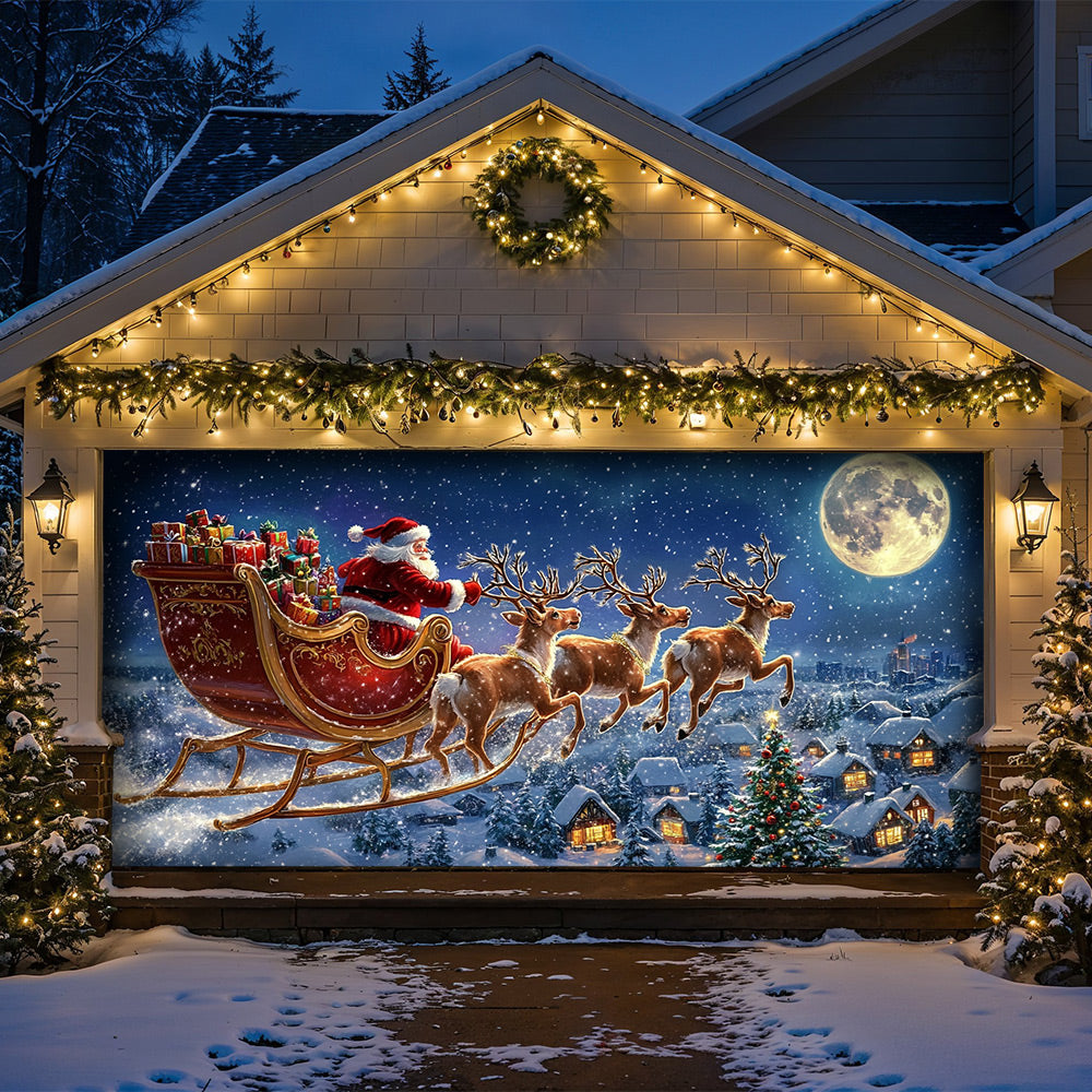 Lorva Christmas Garage Door Banner Decoration Midnight Flight To Christmas