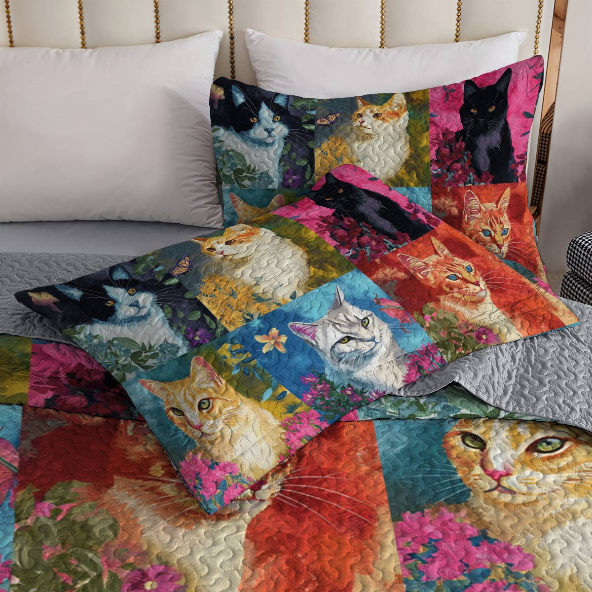 Lorva All Season Quilt 3-Piece Set Colorful Flowers Cats