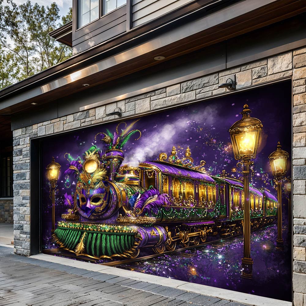 Lorva Garage Door Banner Decoration Festive Train Garage