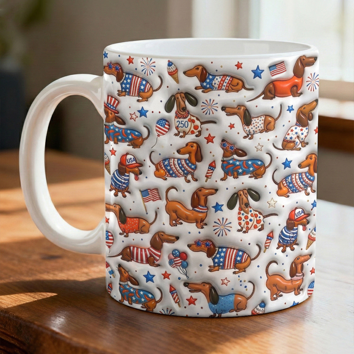 Lorva Dachshund Flat Print Mug Happy Patriotic Day