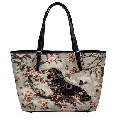 Lorva Dachshund Leather Tote Bag Royal Garden Romp