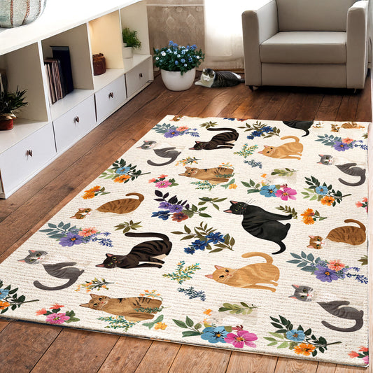 Lorva Area Rug Cute Floral Cats