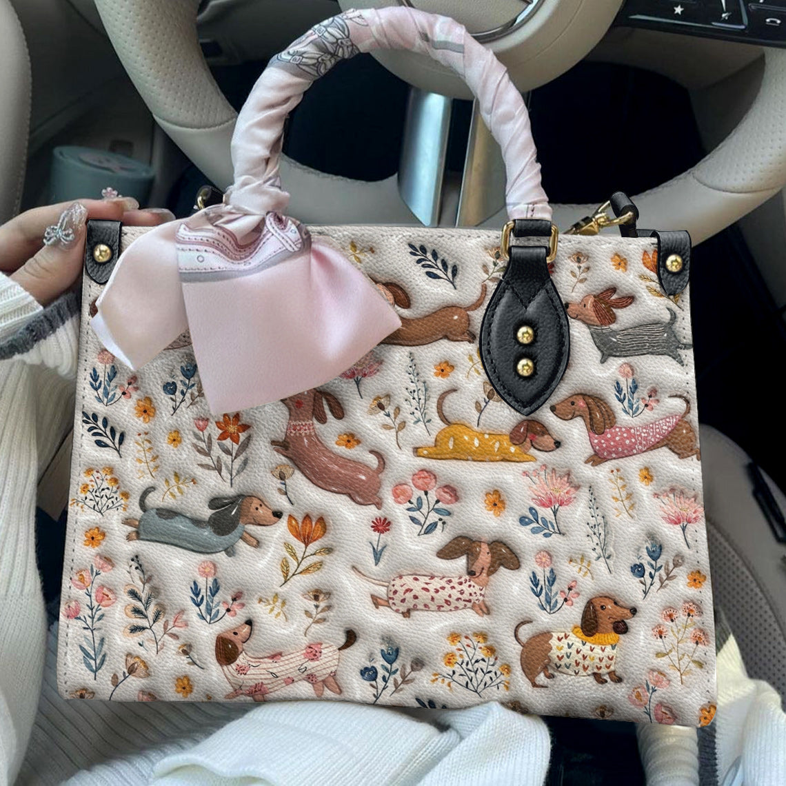 Lorva Dachshund Leather Bag Happy Field Flowers