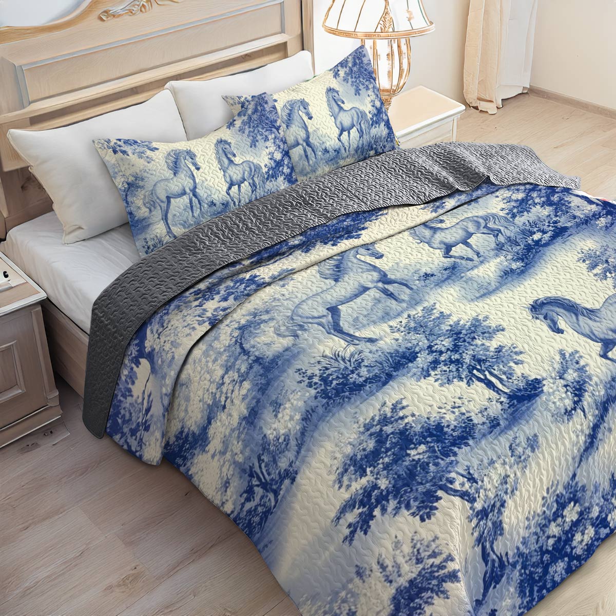 Lorva Horse All Season Quilt 3-Piece Set Blue Love