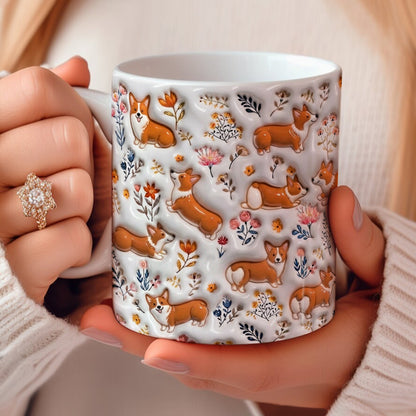 Lorva Corgi Flat Print Mug Field Flowers Lovely