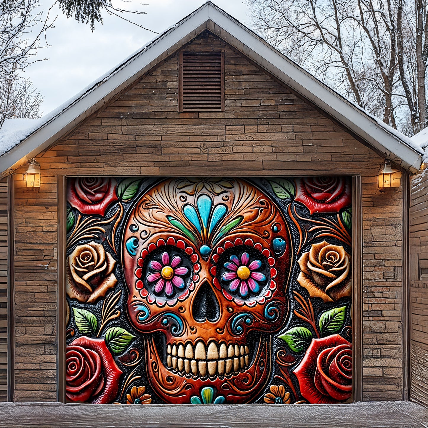 Lorva Garage Door Banner Gorgeous Rose Skull