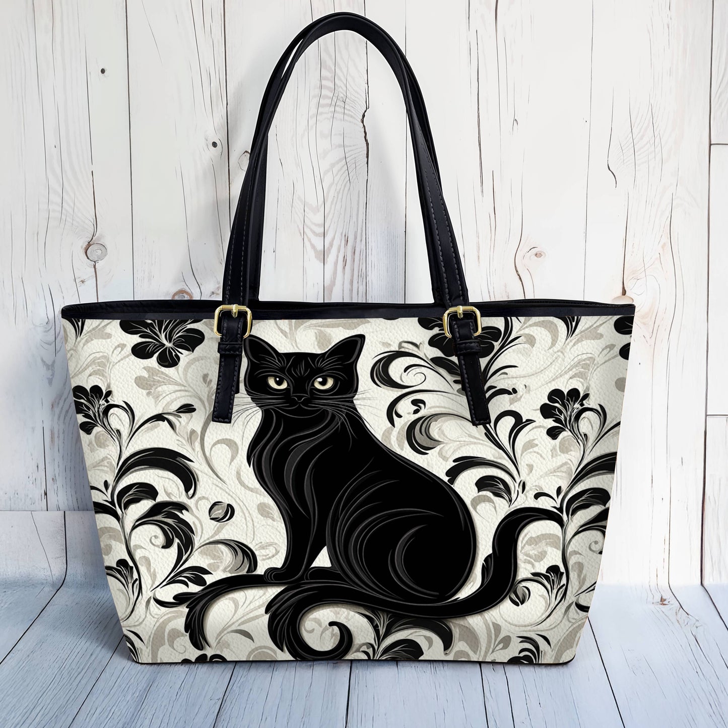 Lorva Black Cat Leather Tote Bag Magic