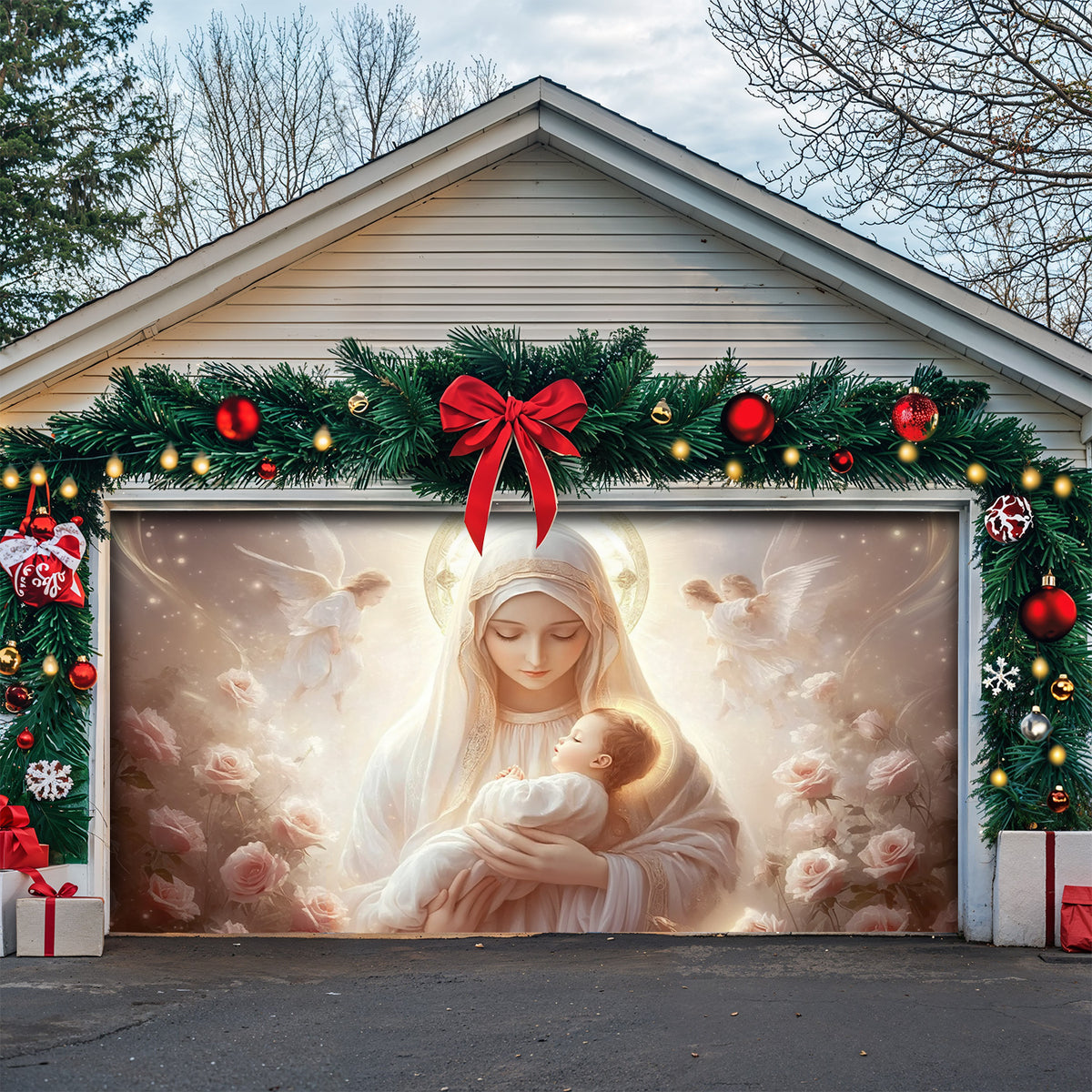 Lorva Christmas Garage Door Banner Decoration Holy Embrace