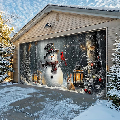 Lorva Garage Door Banner Decoration Winter Forest Snowman Gathering with Bunnies and Cardinals