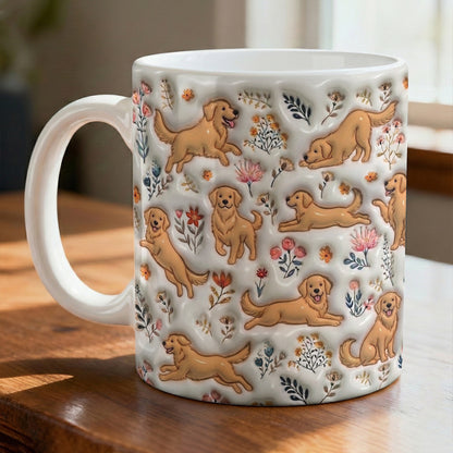 Lorva Golden Retriever Flat Print Mug Happy Field Flowers