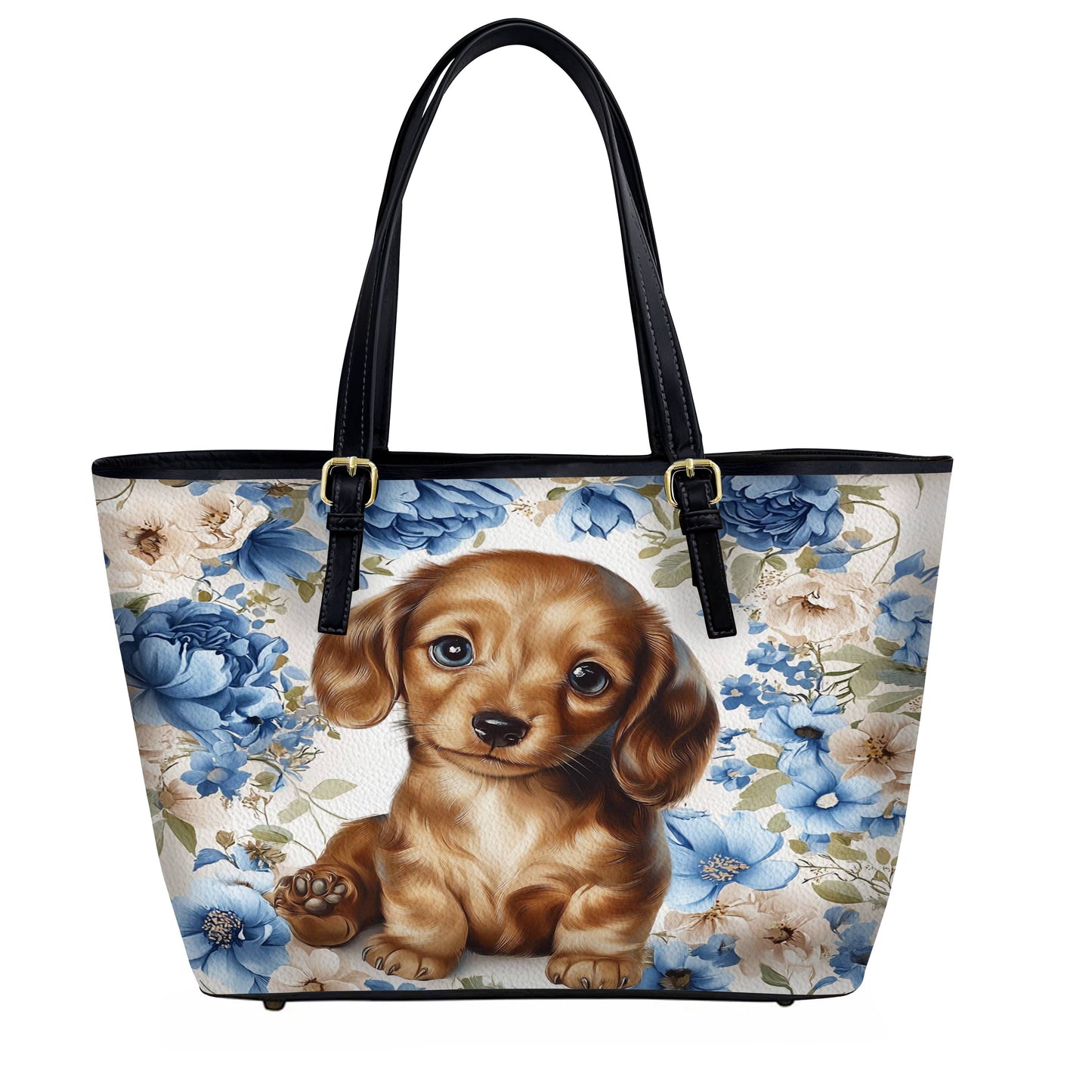 Lorva Dachshund Leather Tote Bag Cute Woof in Bloom