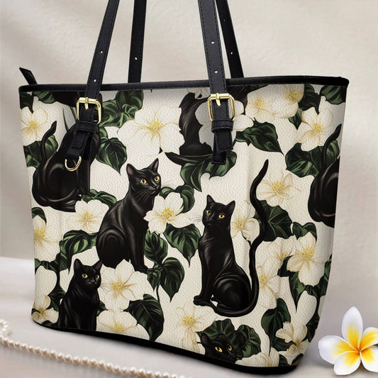 Lorva Black Cat Leather Tote Bag Gorgeous Plumeria