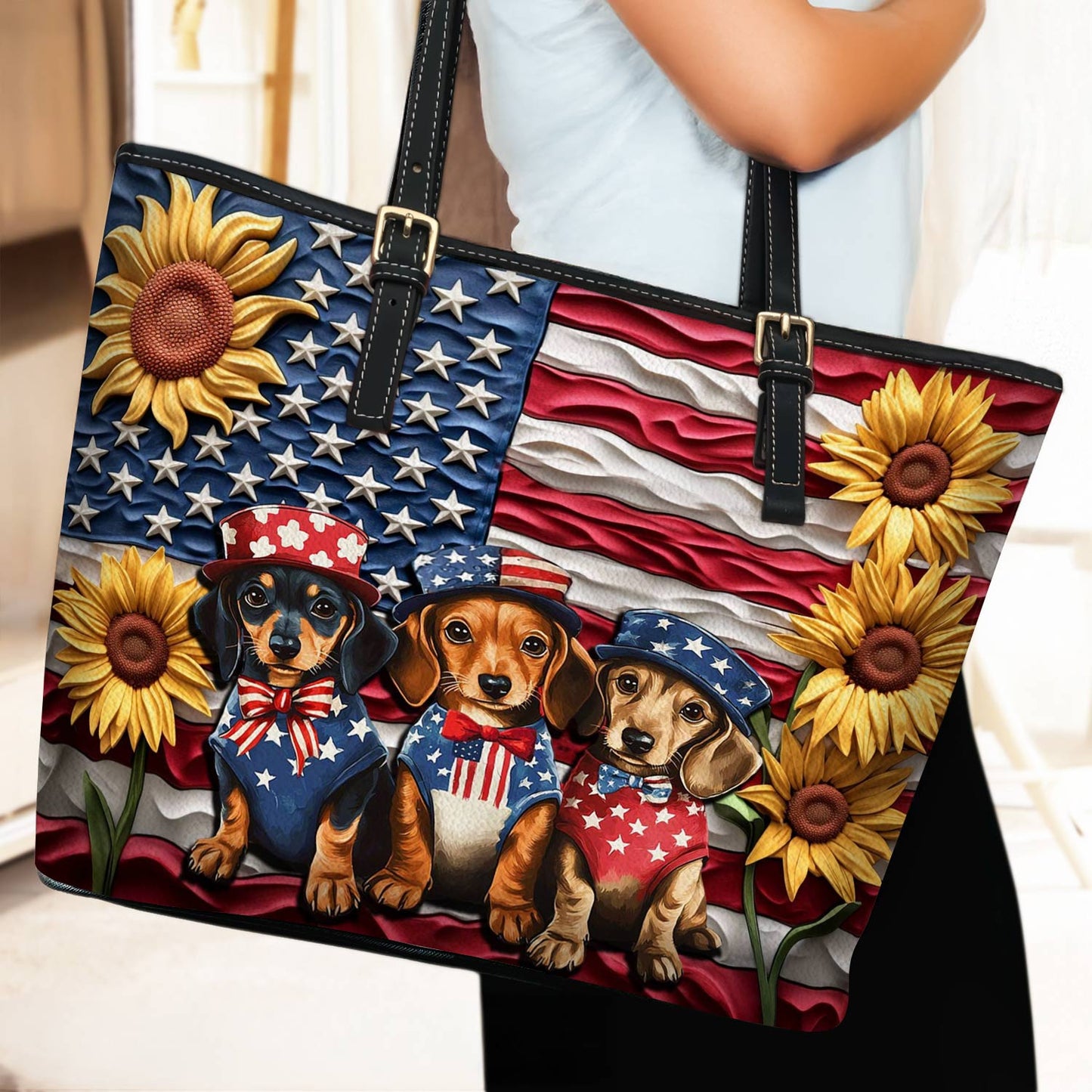 Lorva Dachshund Leather Tote Bag Doxies for America