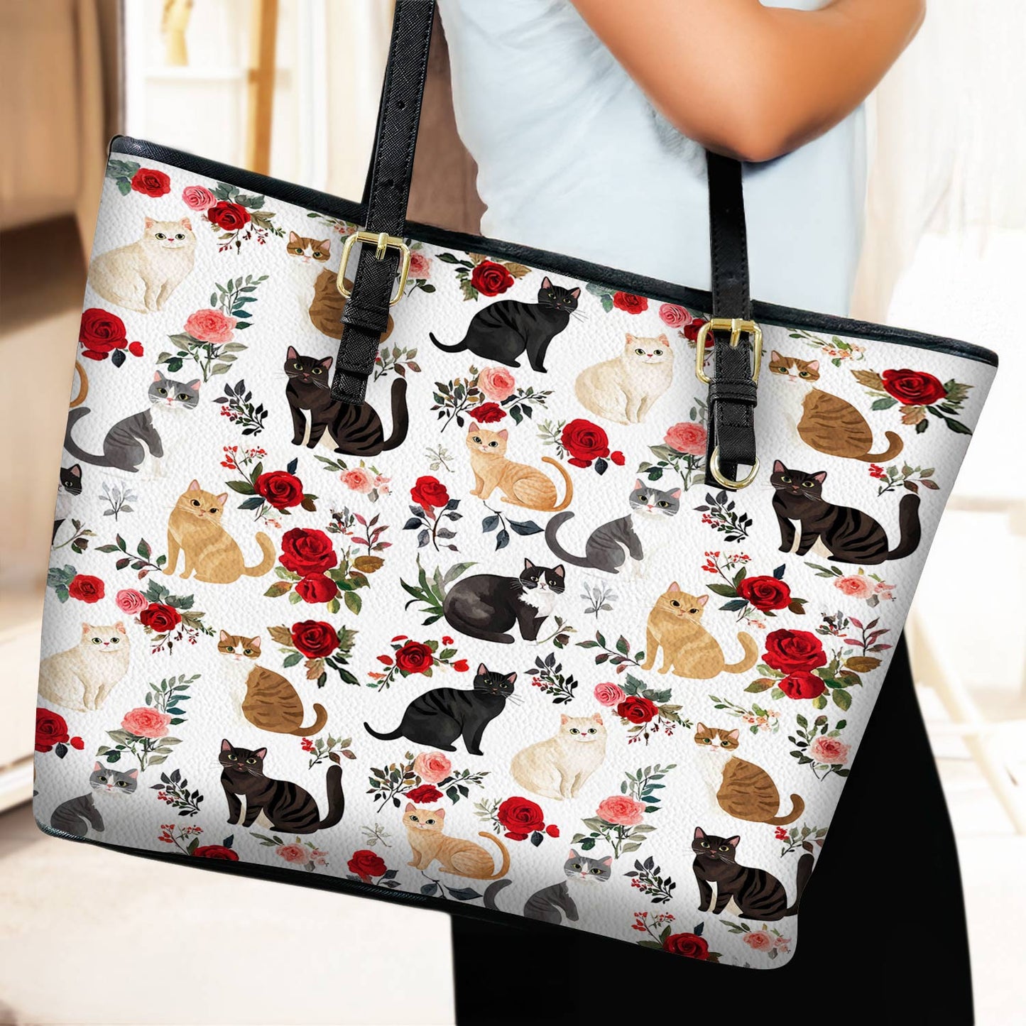 Lorva Leather Tote Bag Cute Rose Kitten