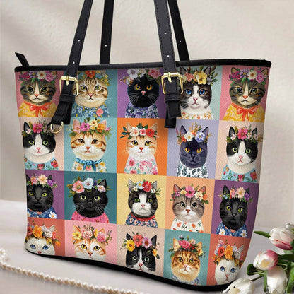 Lorva Leather Tote Bag Floral Crown Cats