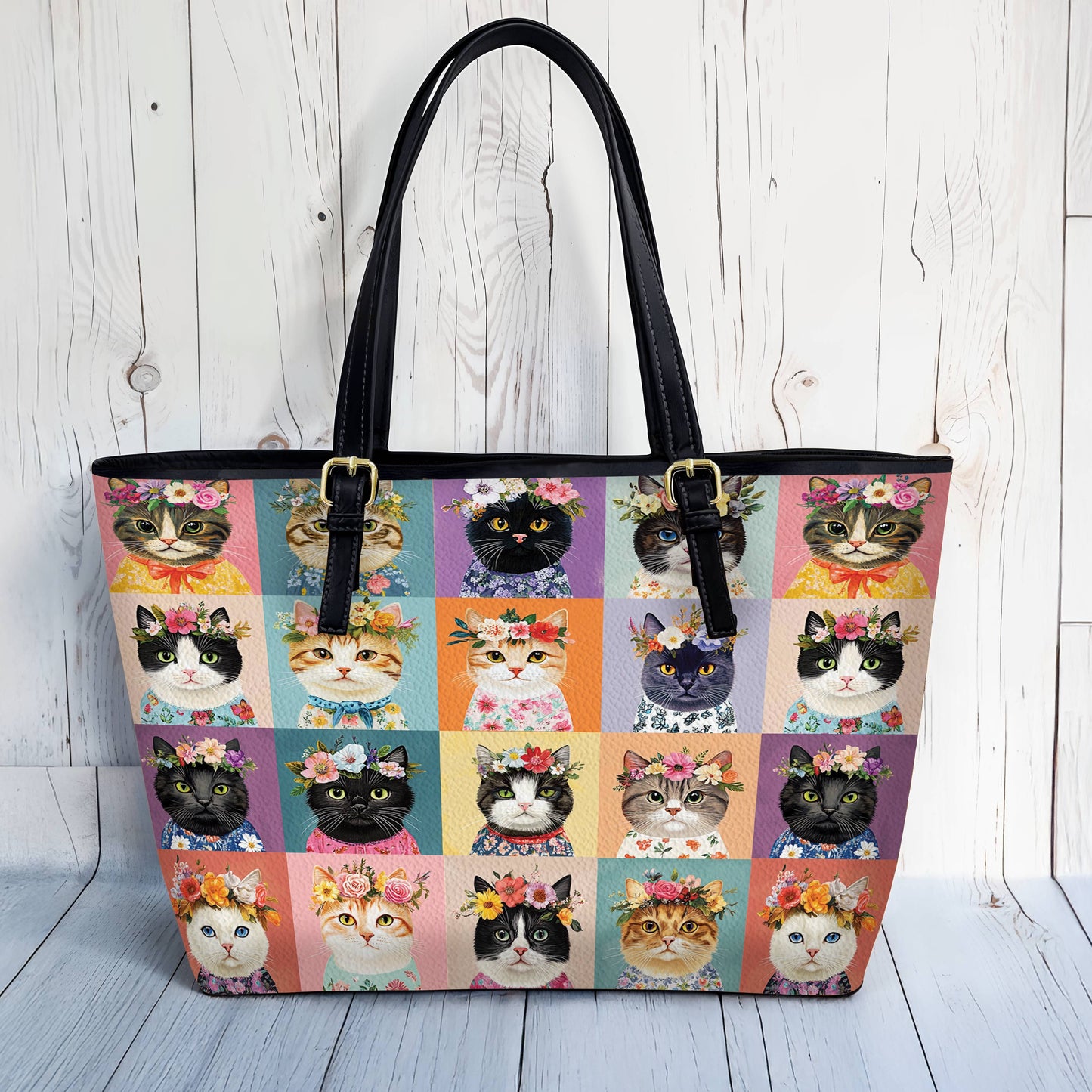 Lorva Leather Tote Bag Floral Crown Cats