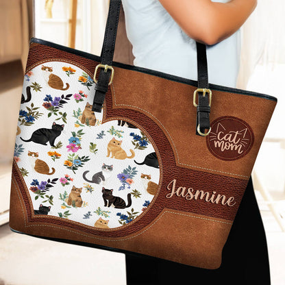 Lorva Personalized Leather Tote Bag Heart Catmom